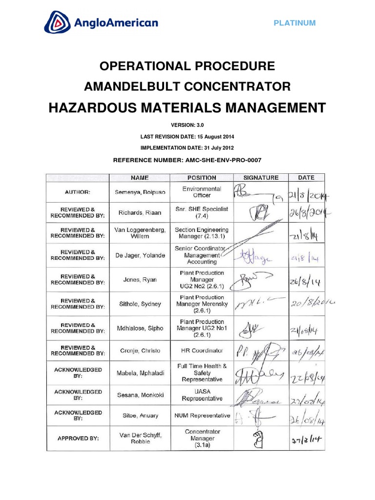 Amc She Env Pro 0007 Hazardous Materials Management PDF Dangerous