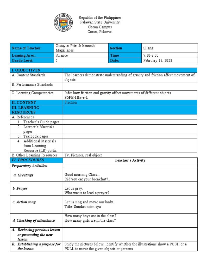 Grade 6 Friction Lesson Plan | PDF | Friction | Force