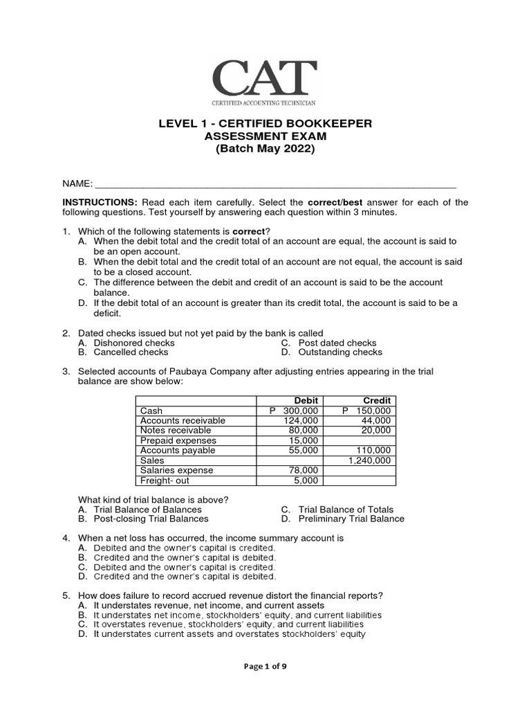 Level 1 Certified Bookkeeper Exam Sample | PDF | Debits And Credits ...