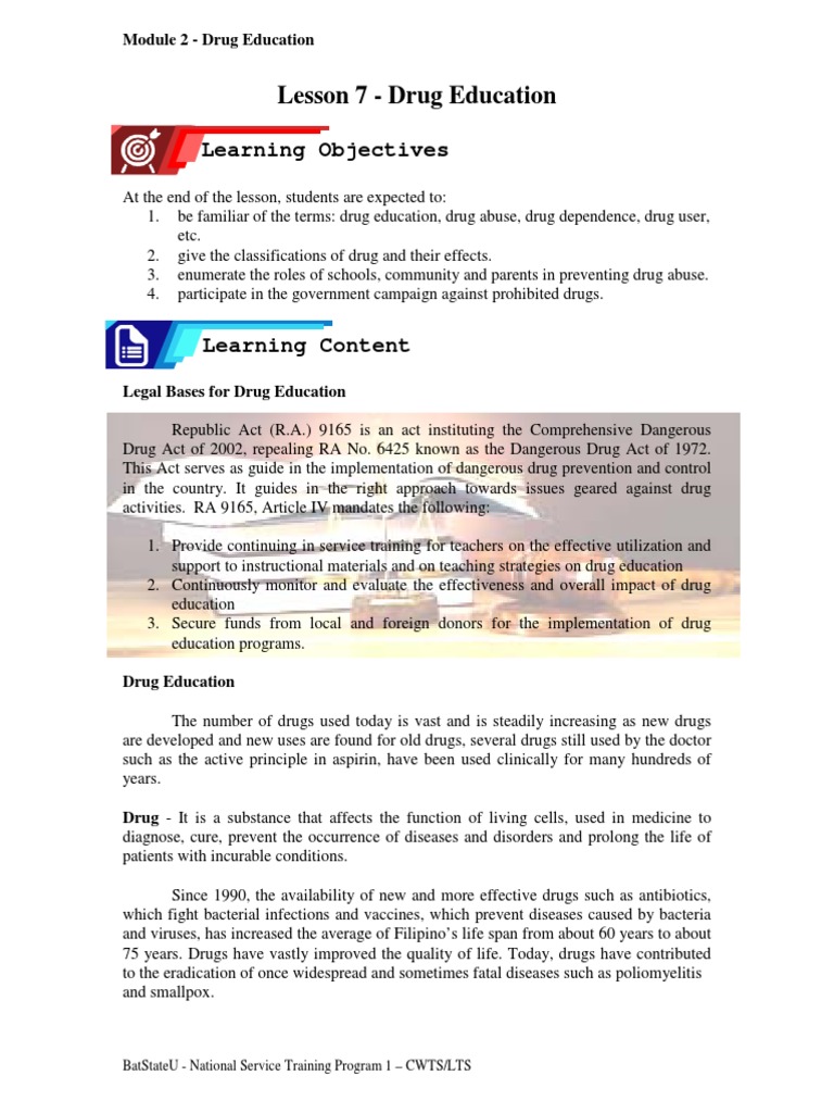 Lesson 7 Drug Education Learning Objectives PDF Substance