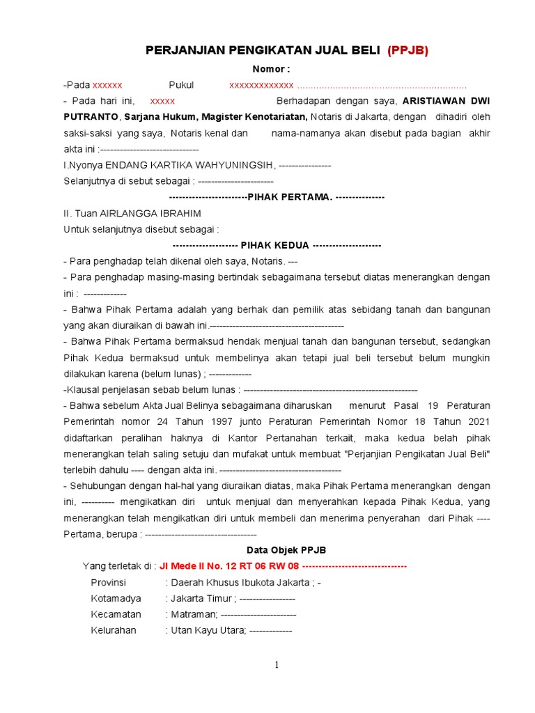 Contoh PPJB Jual Beli Tanah Notaris | PDF