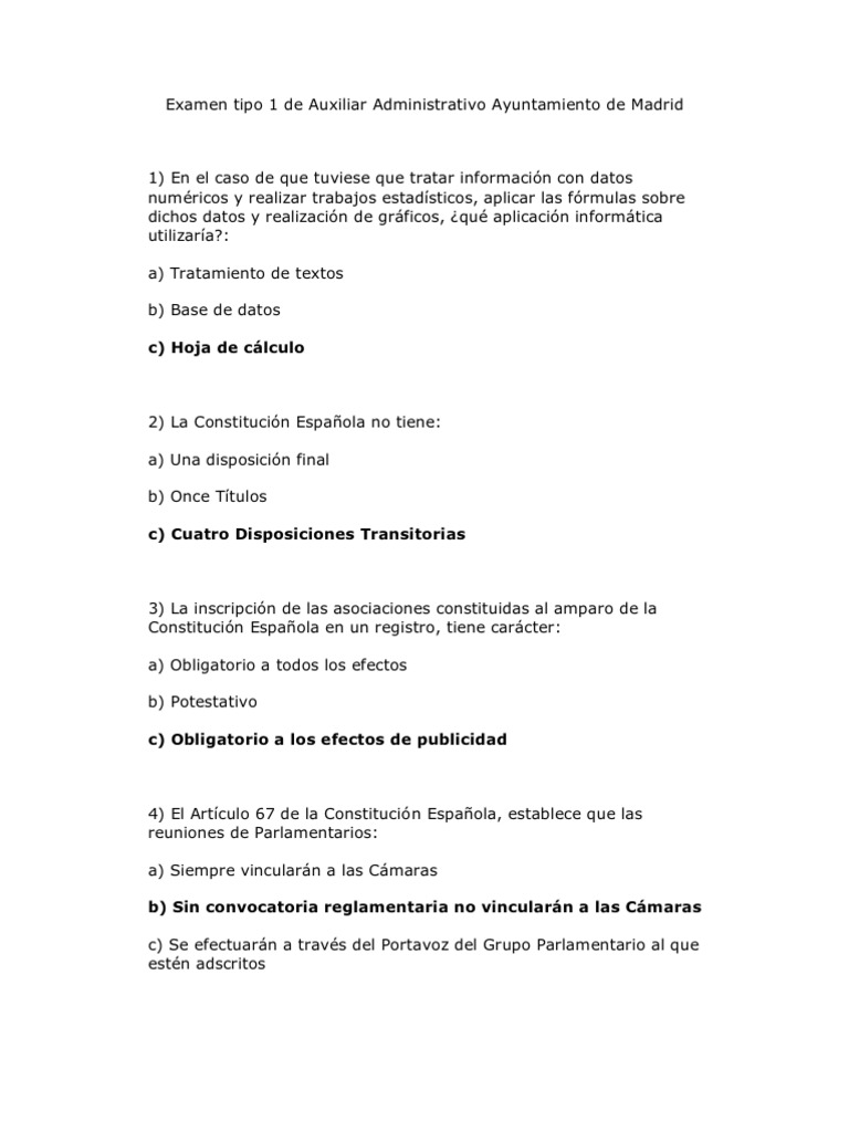 Examen Tipo 1 de Auxiliar Administrativo Ayuntamiento de Madrid