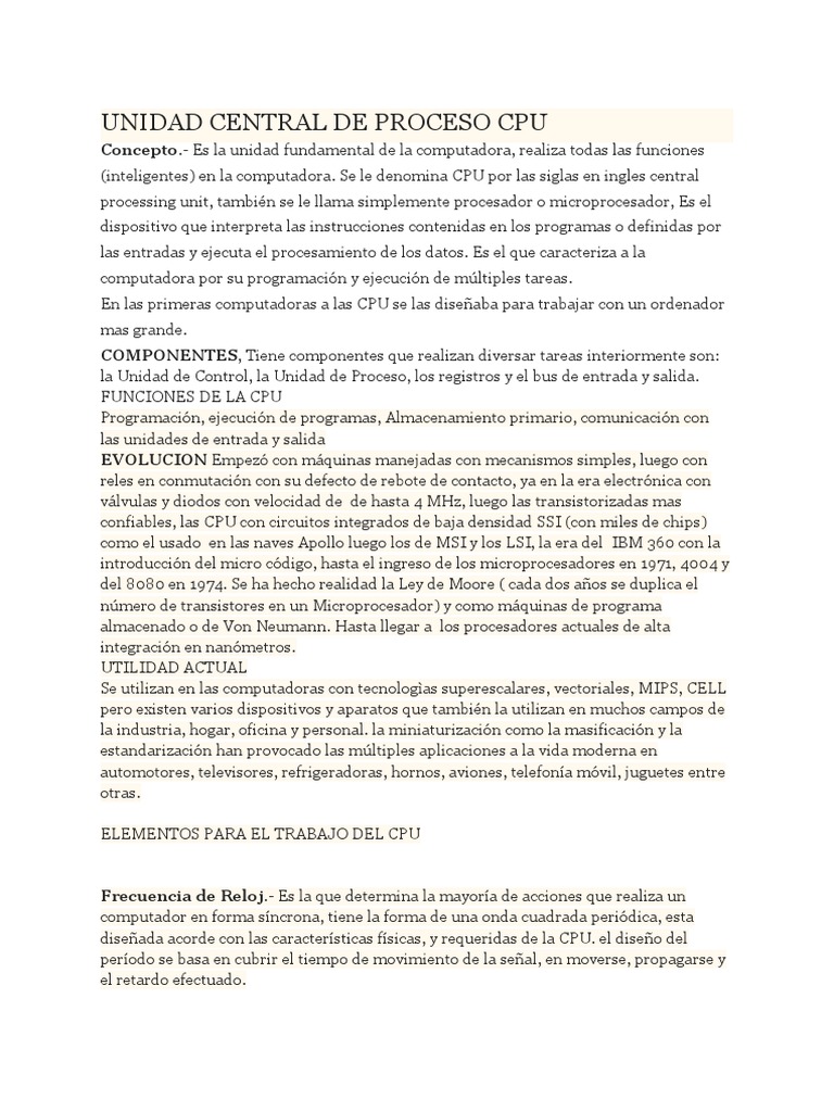Unidad Central de Proceso Cpu | PDF | Unidad Central de procesamiento ...
