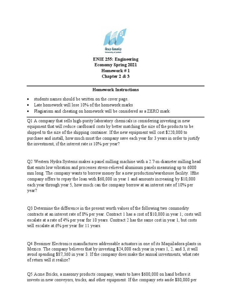 Enie 255 homework 1 engineering economy spring 2021 pdf interest