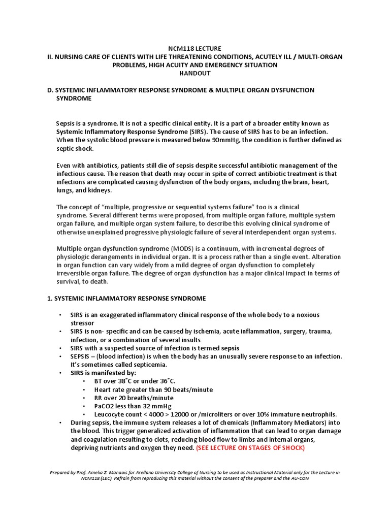 SIRS and MODS in Critical Care Nursing | PDF | Sepsis | Shock (Circulatory)