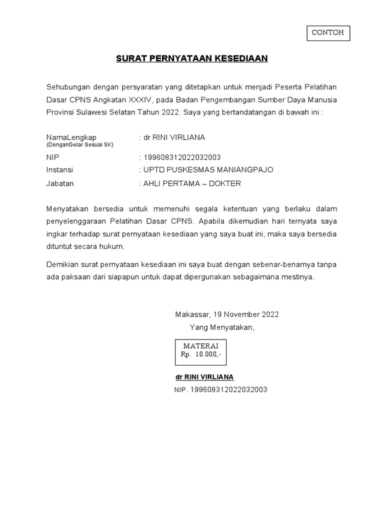 SURAT KESEDIAAN Contoh | PDF