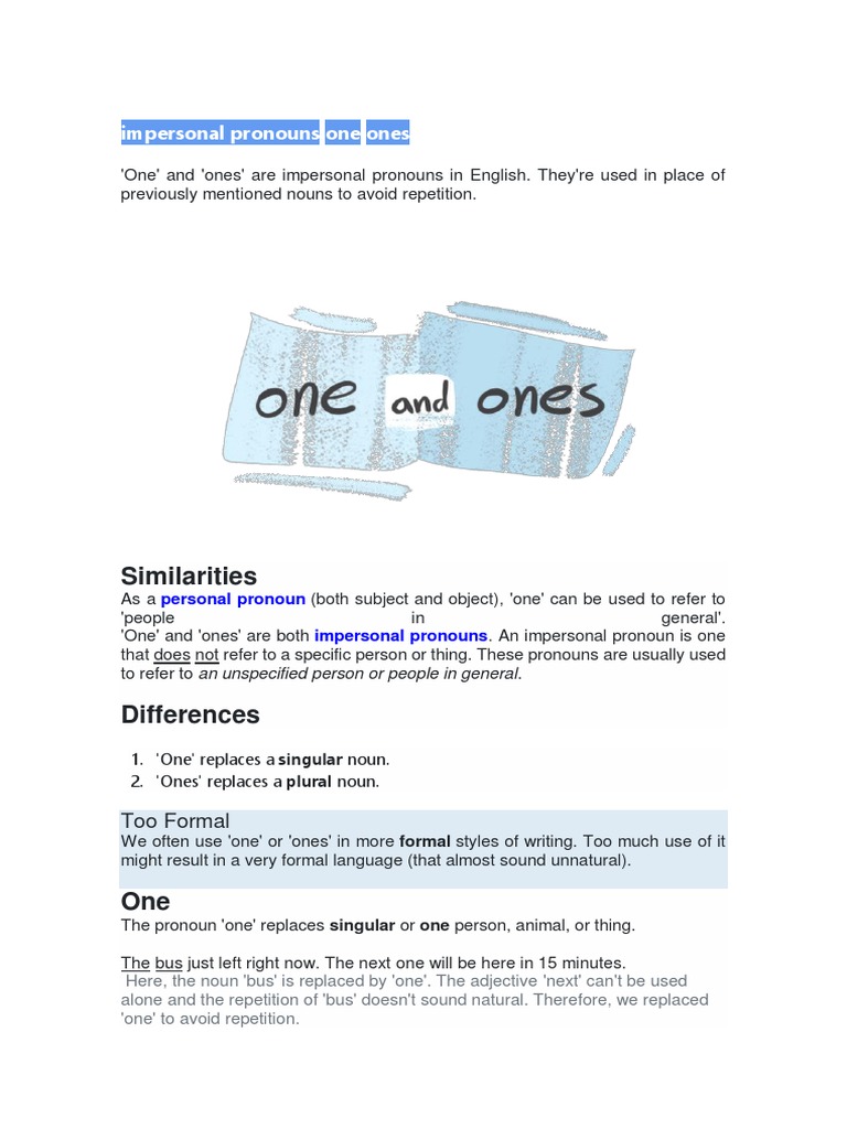 Understanding Impersonal Pronouns: One & Ones | PDF | Language Arts ...