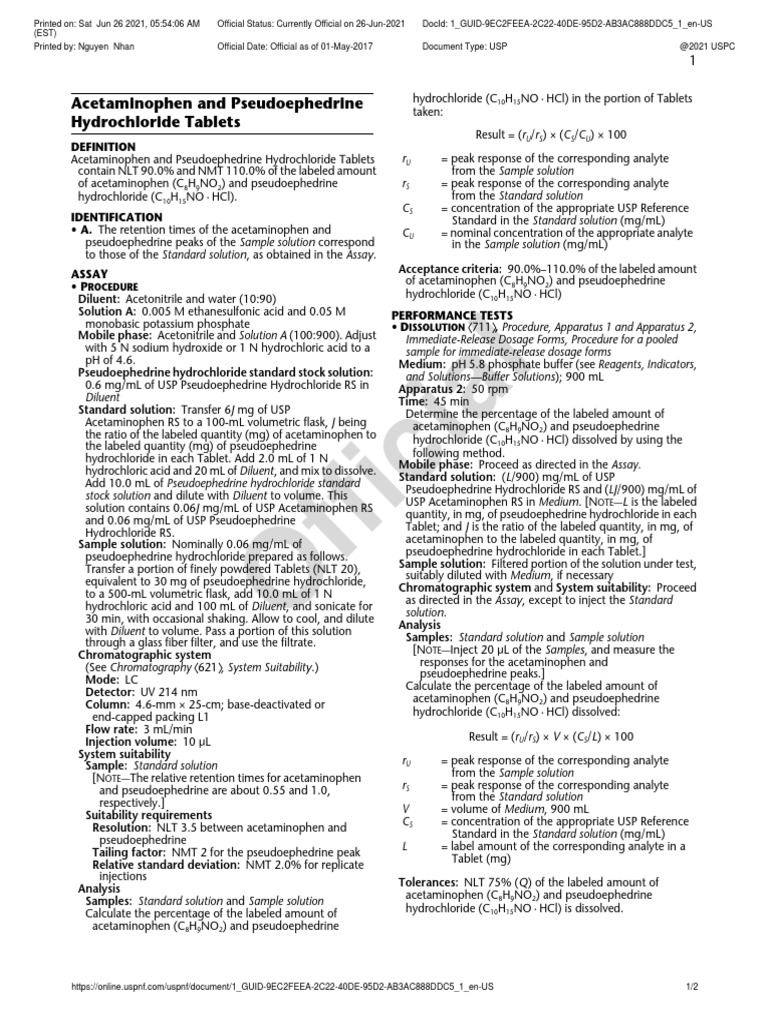 Acetaminophen and Pseudoephedrine Hydrochloride Tablets PDF Chromatography Magnesium
