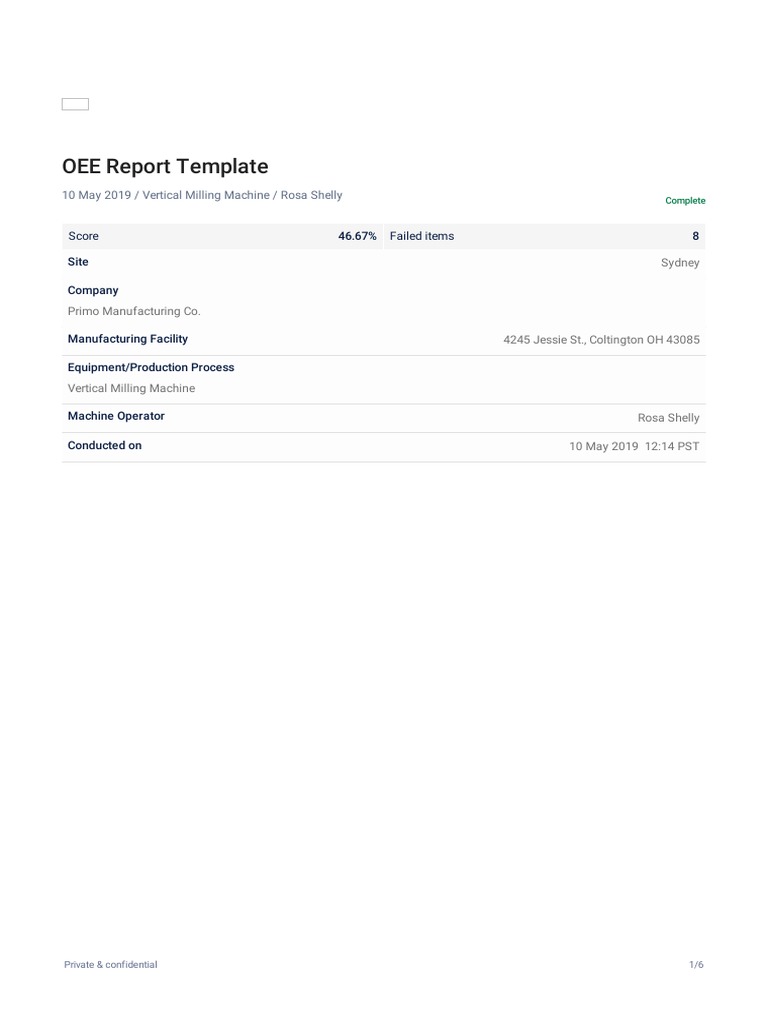 OEE Report Template: 10 May 2019 / Vertical Milling Machine / Rosa ...