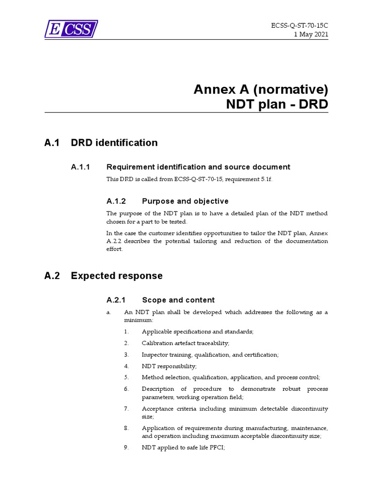 NDT Plan Requirements per ECSS-Q-ST-70-15C | PDF | Nondestructive ...