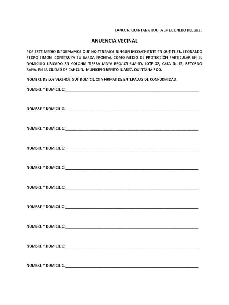 Formato de Anuencia Vecinal en Cancún | PDF | Derecho