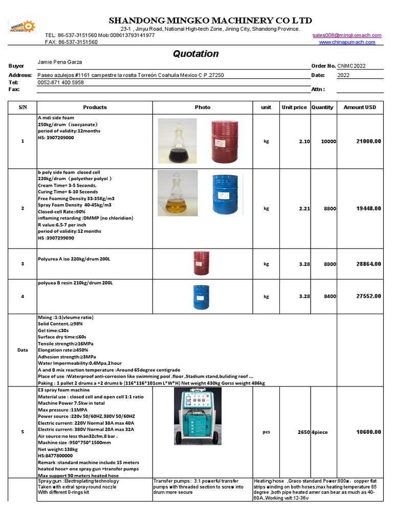 Spray Foam Machine Quotation | PDF | Polyurethane | Materials
