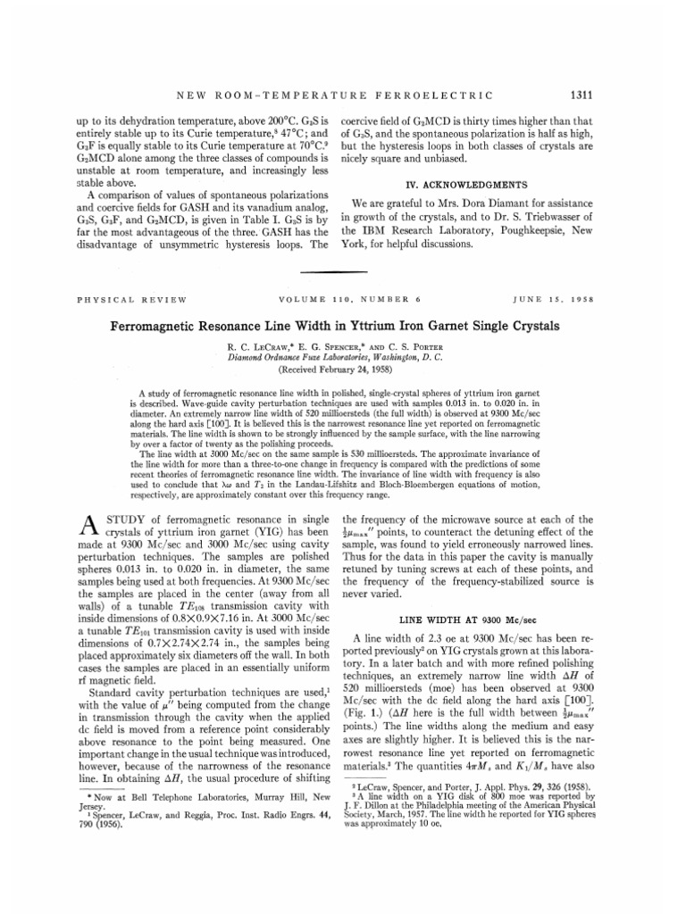 Ferromagnetic Resonance in YIG Crystals | PDF | Resonance | Relaxation ...