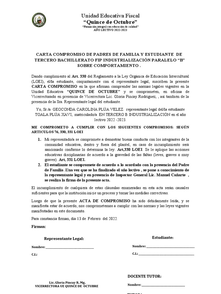 Carta Compromiso de Padres de Familia y Estudiante Detercero | PDF ...