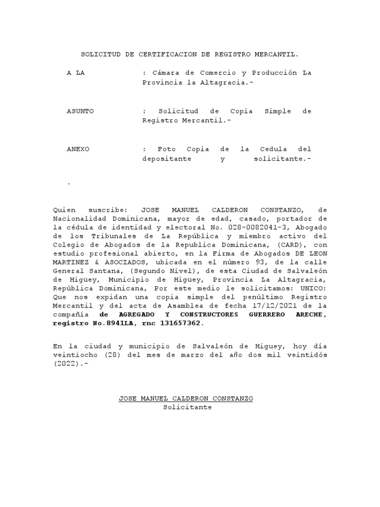 Solicitud Copia Registro Mercantil RD | PDF | Derecho