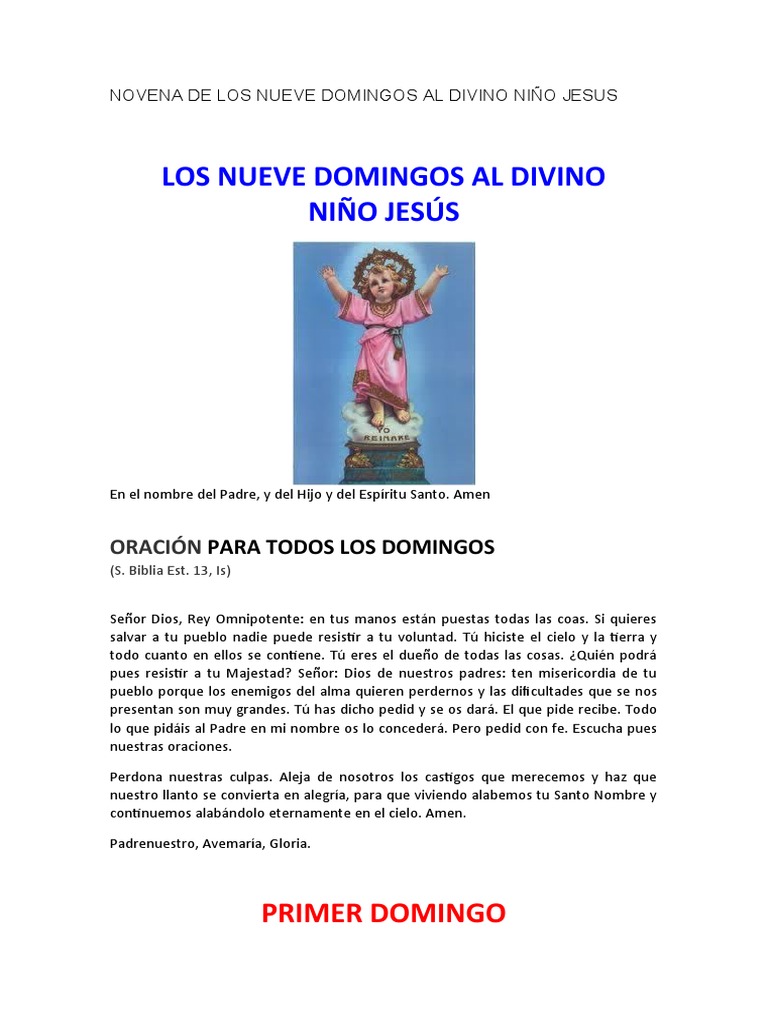 NOVENA DE LOS NUEVE DOMINGOS AL DIVINO NIÑO JESUS | PDF | Oración ...