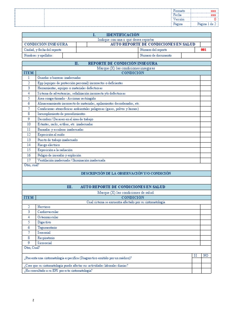 Formato de Reporte de Condiciones de Trabajo y de Salud Por Parte de ...