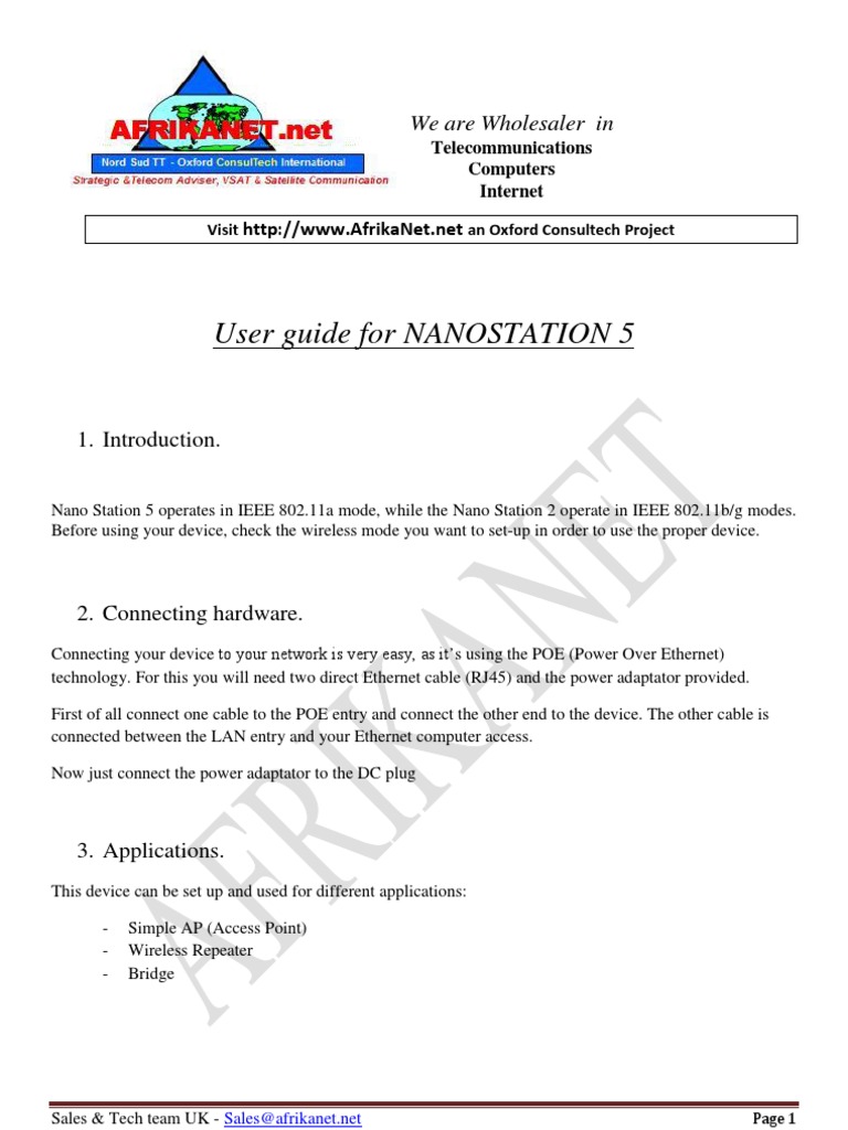 User Guide Nano Station 5 | PDF | Wireless Lan | Wireless Access Point