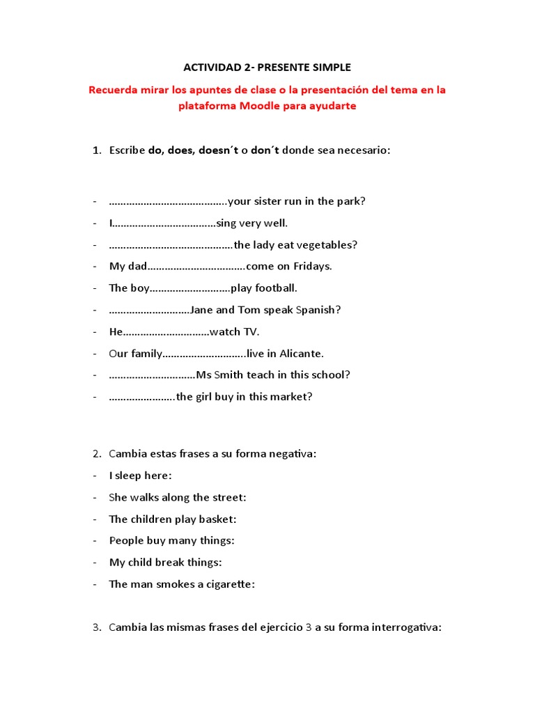 Ejercicios de Presente Simple en Inglés | PDF