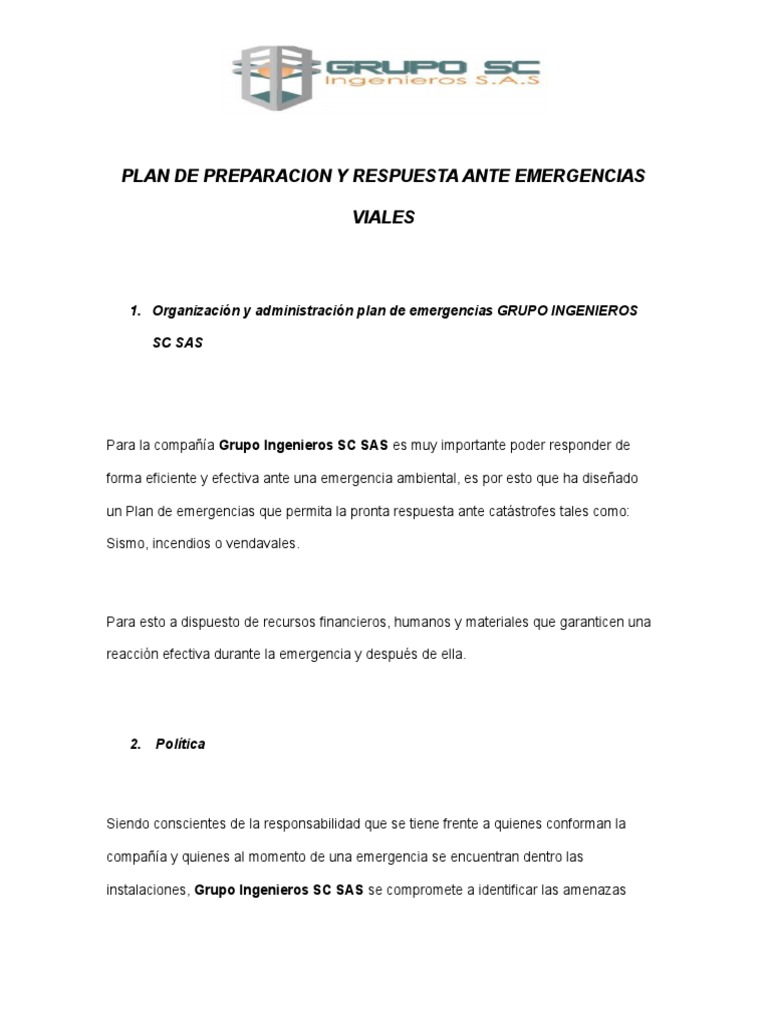 Plan de Emergencias Viales SC SAS | PDF | Emergencia | Defensa Civil