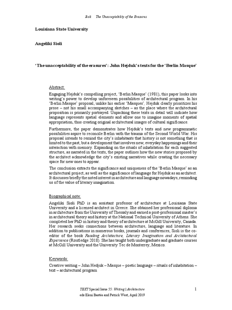 The Unacceptability of The Erasures John Hejduk S Texts For The Berlin ...
