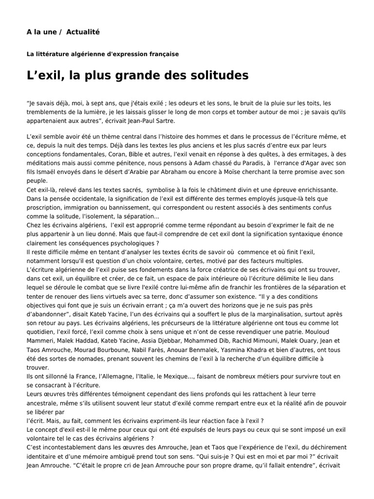 Exil et littérature algérienne | PDF | Fiction générale