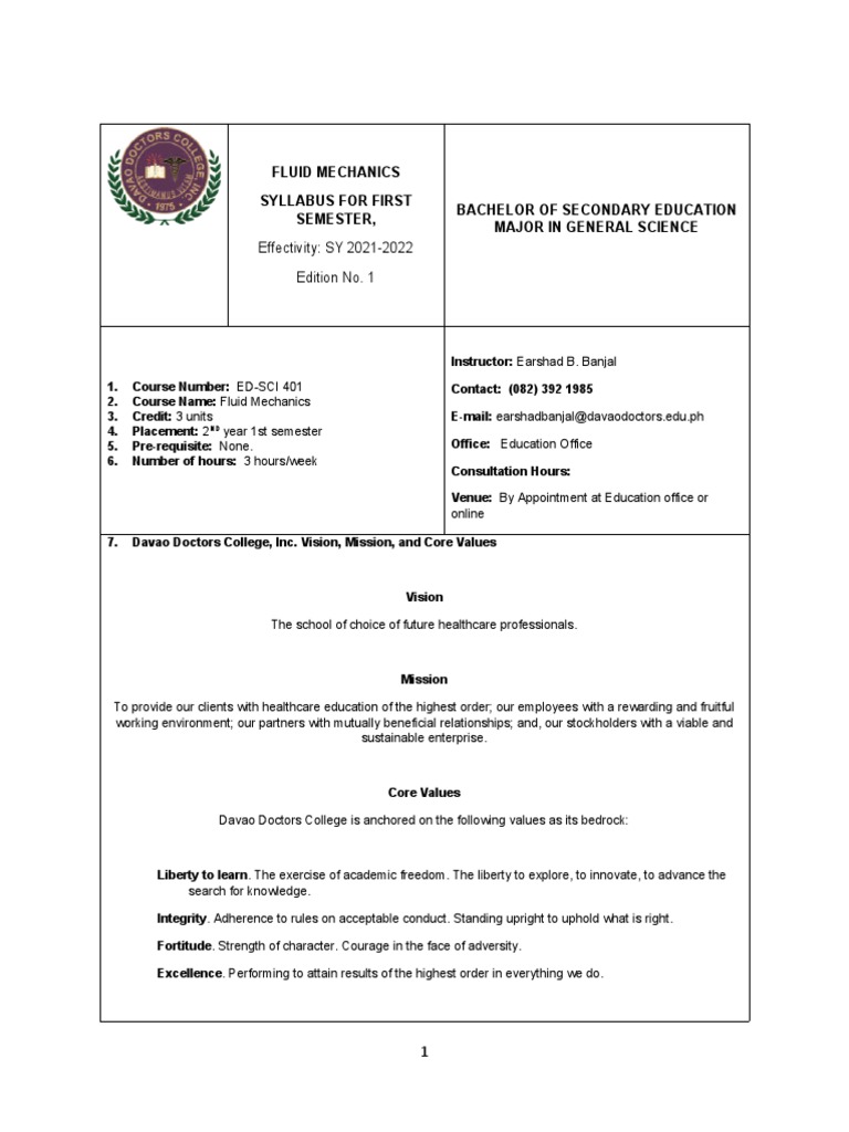 Fluid Mechanics Syllabus for BSEd Students | PDF | Gases | Temperature