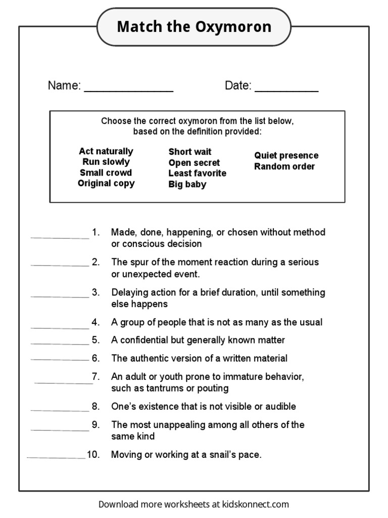 Oxymoron Worksheets PDF