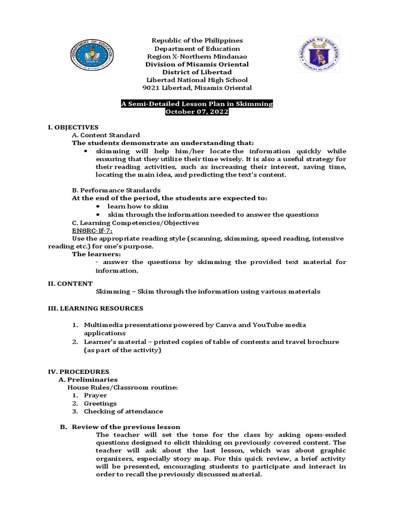 SemiDetailed Lesson Plan in Skimming PDF Speed Reading Lesson Plan