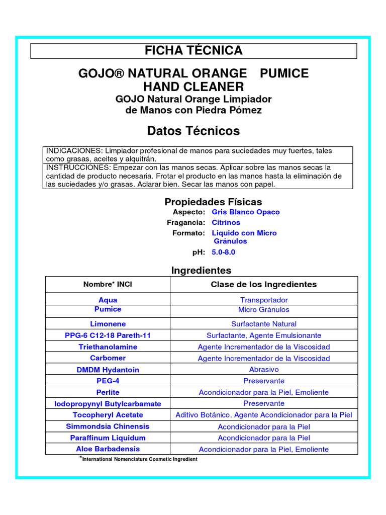 GOJO Ficha Tecnica Orange | PDF | Alergia | Sustancias químicas