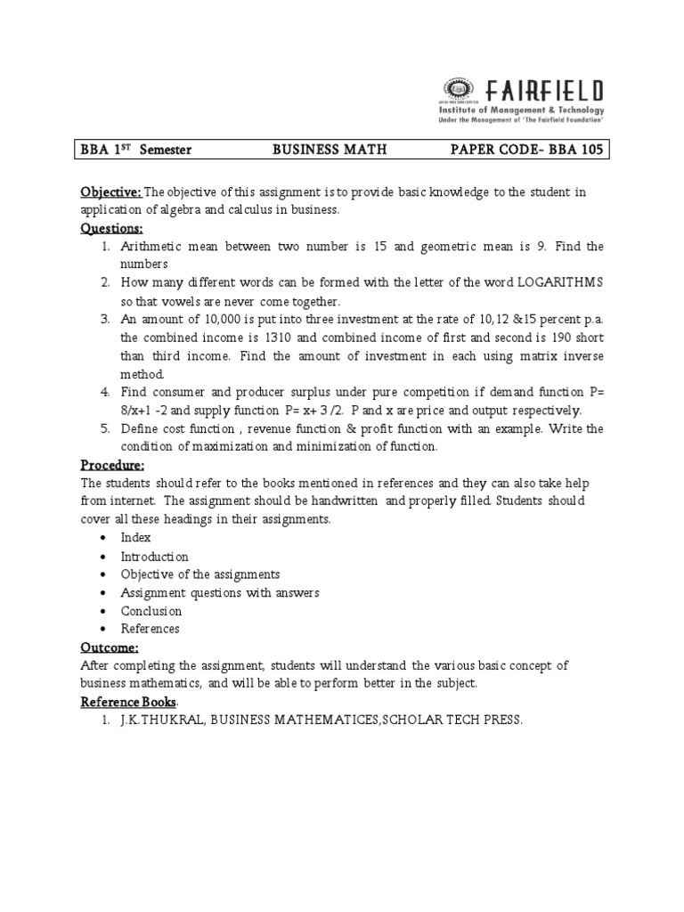 Business Math Assignment Guide BBA 105 | PDF
