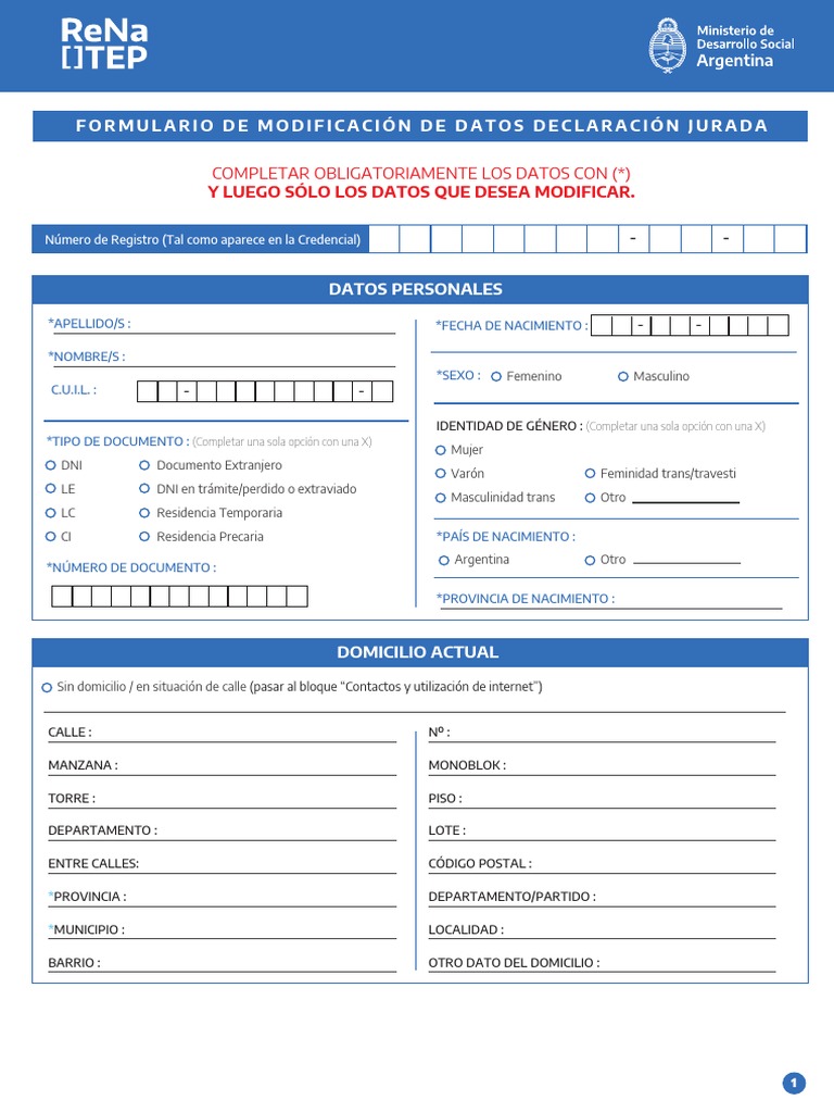 Renatep - Formulario de Modificacion de Datos DDJJ Junio 2022 | PDF ...