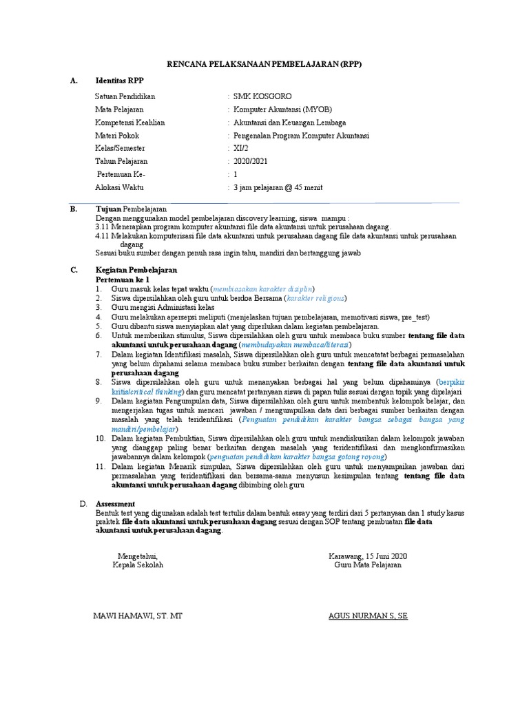 RPP Komputer Akuntansi MYOB SMK KOSGORO | PDF