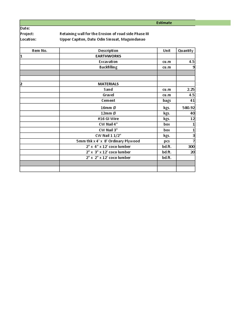 Estimate Retaining Wall PDF Materials Building Engineering