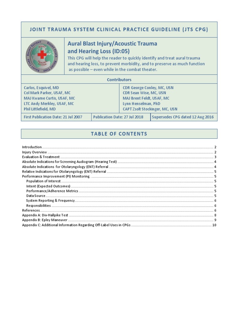 Guidelines for Evaluating and Treating Aural Blast Injury, Acoustic