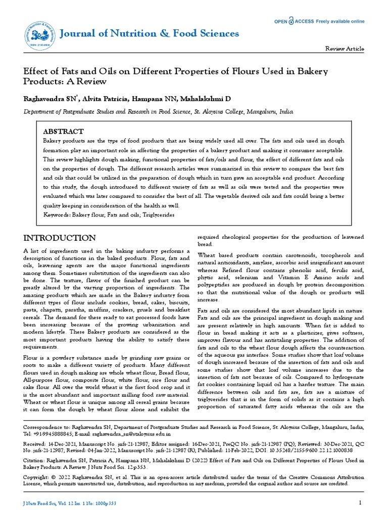 Effect of Fats and Oils On Different Properties of Flours Used in Bakery Products A Review PDF