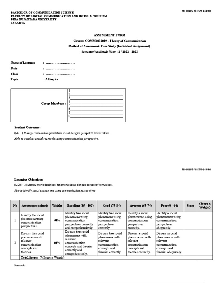 AoL Assessment Form - COMM6012019 - Theory of Communication ...