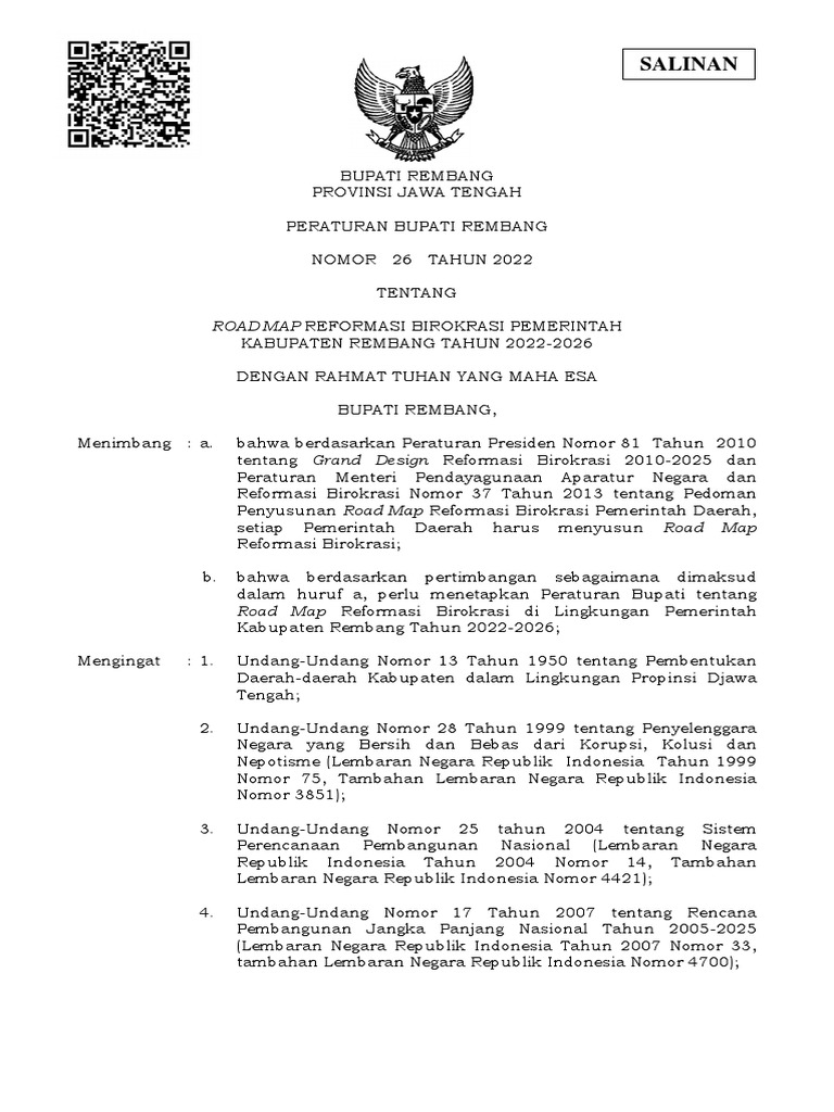 Perbup 26 2022 tentang road map rb tahun 2022 2026 pdf