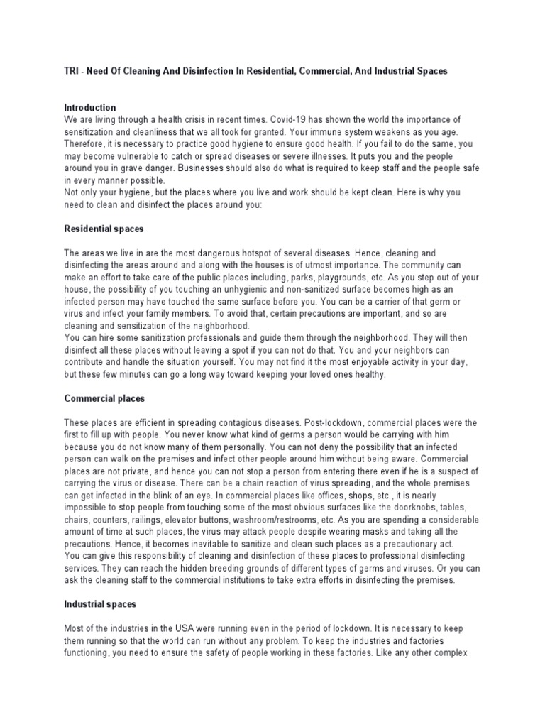 Need of Cleaning and Disinfection in Residential, Commercial, and