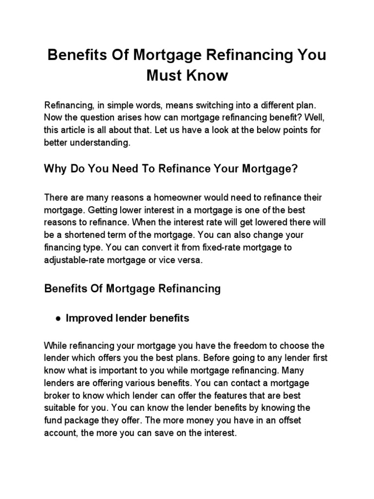 Benefits of Mortgage Refinancing You Must Know PDF Refinancing