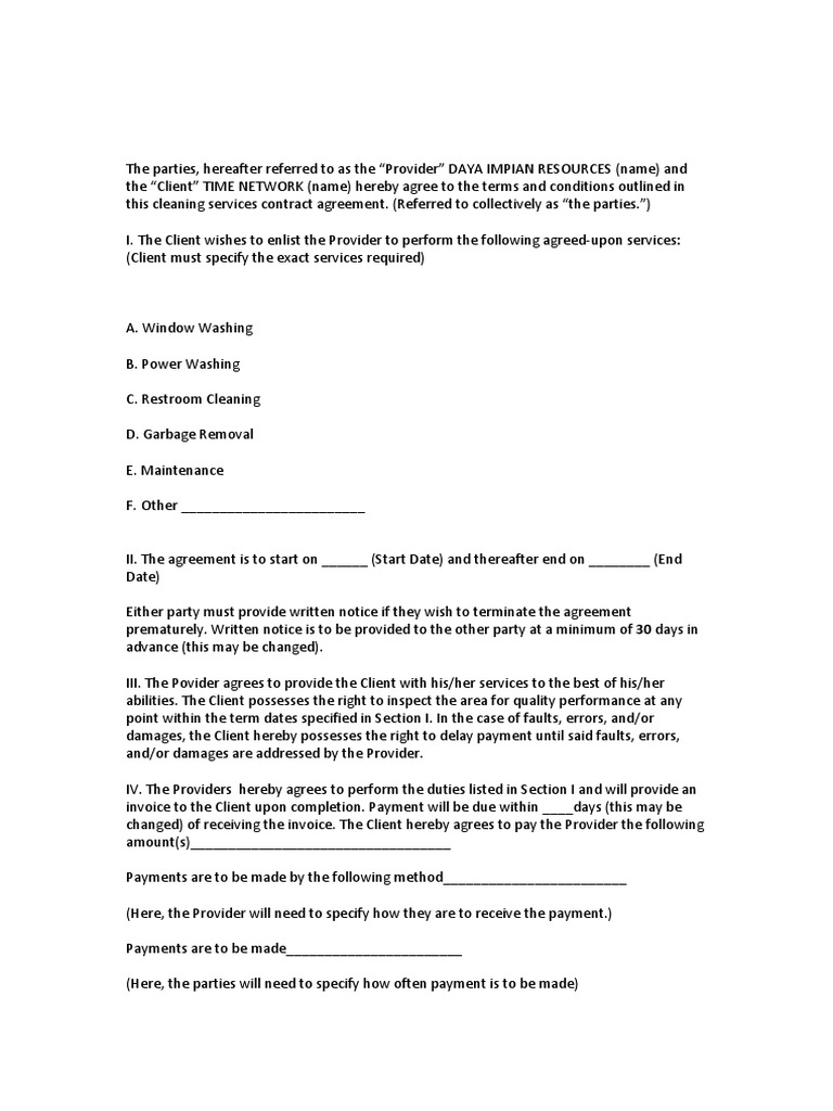 Cleaning Service Agreement PDF Contract Law Consent