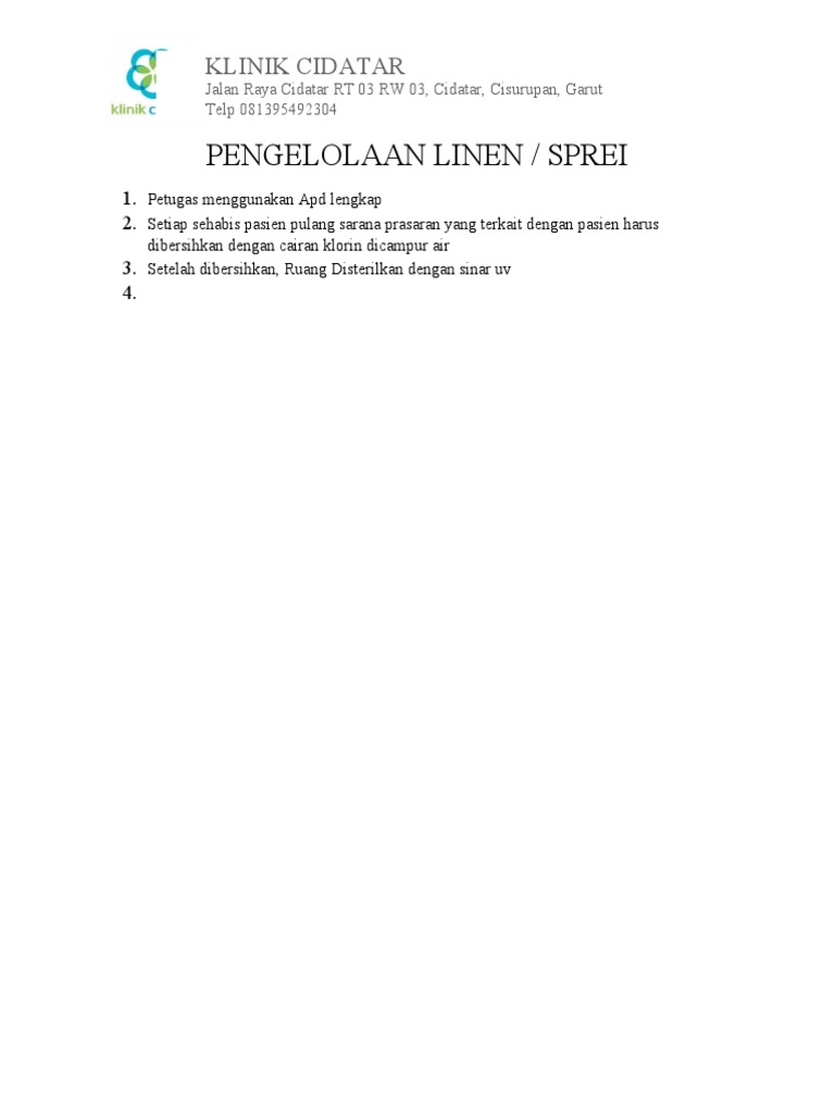 Pengelolaan Linen di Klinik Cidatar | PDF