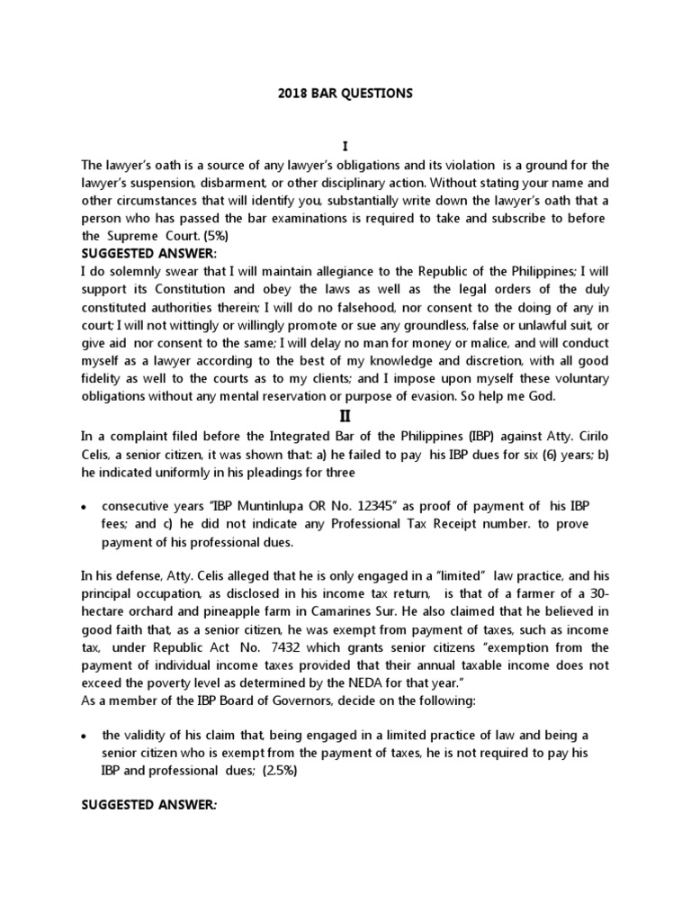 2018 Bar Questions PDF Lawyer Complaint