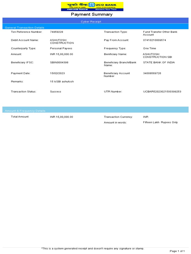 Payment Summary Receipt - Fund Transfer | PDF