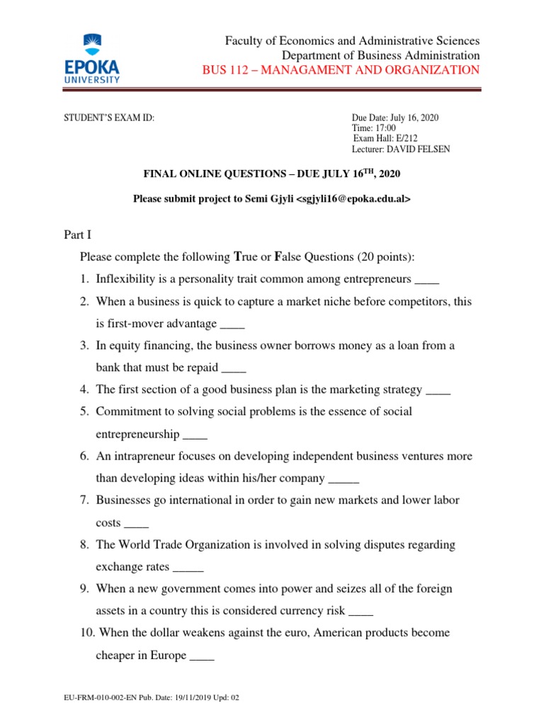 International Business Exam Guidelines | PDF | Entrepreneurship | Economics