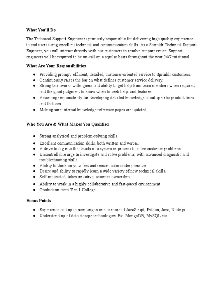 Sprinklr Technical Support Engineer Job Description PDF