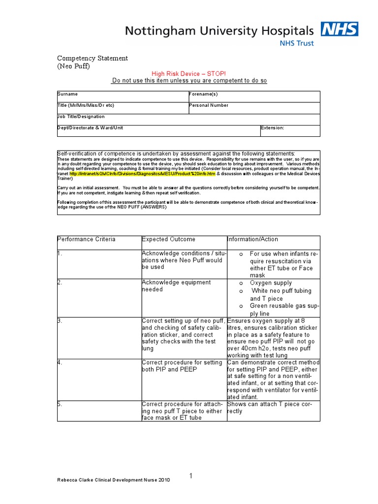 Neo Puff Competency Verification Guide | PDF | Clinical Medicine | Medicine