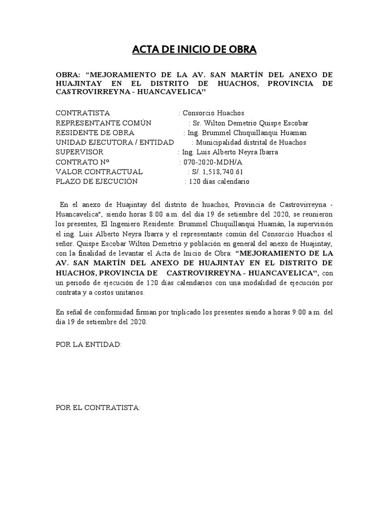 Acta de Inicio de Obra | PDF