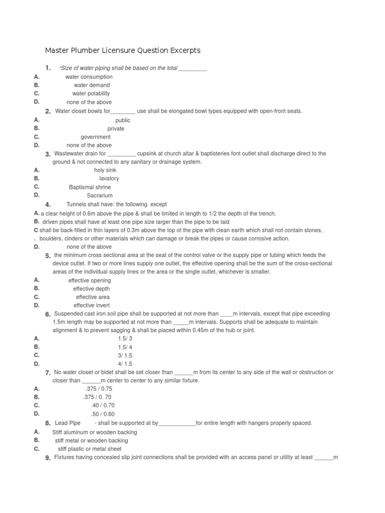 Master Plumber Exam Questions PDF Plumbing Pipe (Fluid Conveyance)