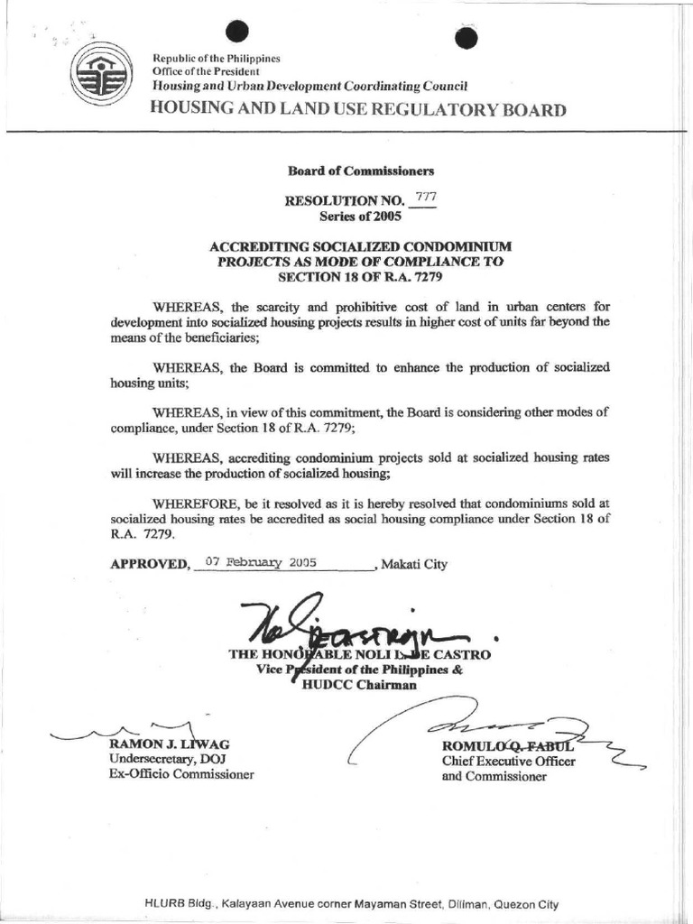 R777 S. 2005 Accrediting Socialized Condo Projects As Mode of